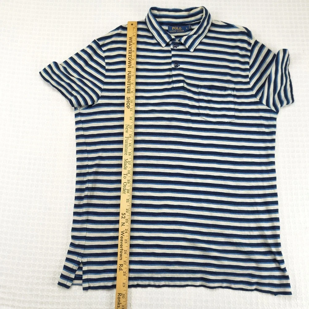 Polo Ralph Lauren Mens Large Blue White‎ Striped Short Sleeve Pocket Polo Shirt